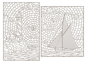 Set of contour illustrations of stained glass Windows with seascapes, sailboat and lighthouse on the background of the sea and sky, dark contours on a white background