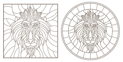 Naklejka premium A set of contour illustrations of stained glass Windows with monkey heads, round and square image, dark contours on a white background