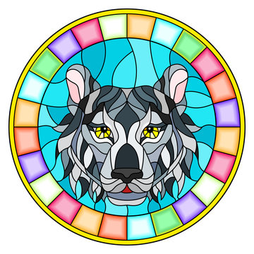 The illustration in stained glass style painting with a tiger's head , a circular image with bright frame
