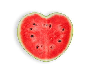 heart shaped watermelon isolated on white background,top view, flat lay