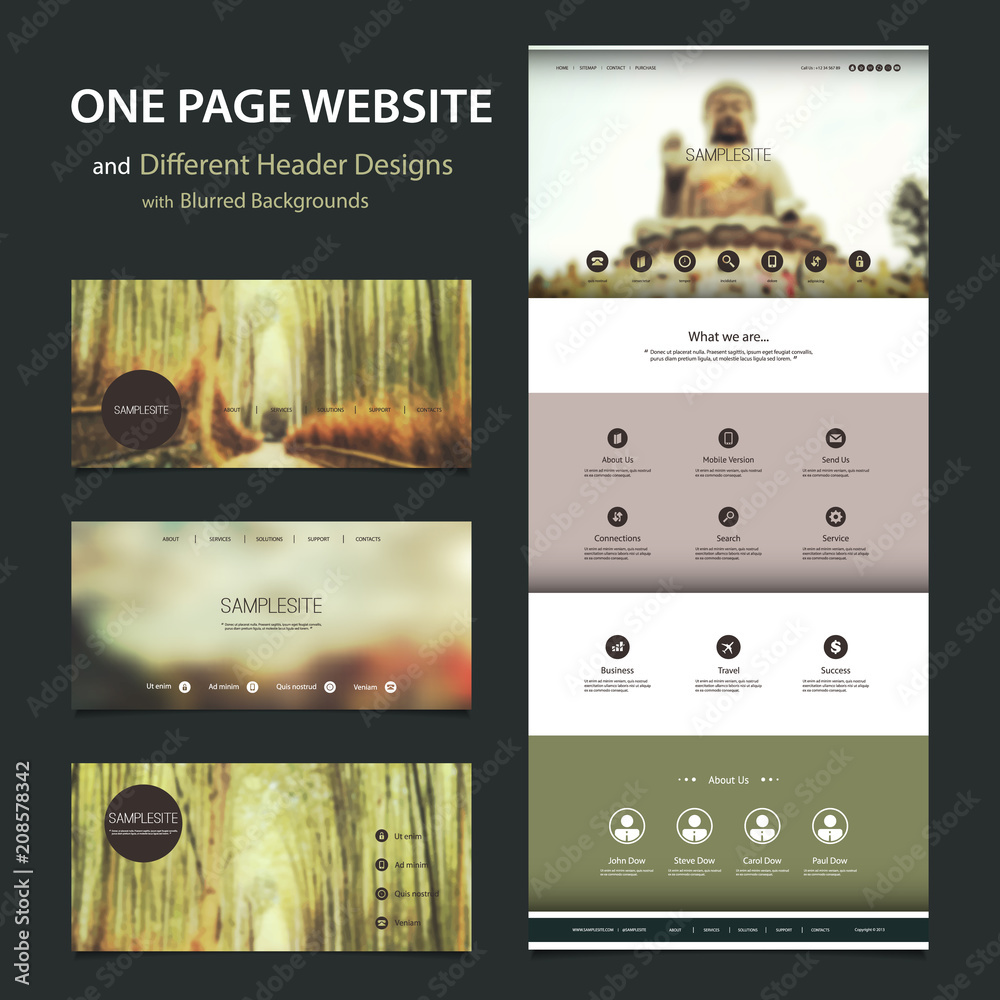 Wall mural one page website template and different header designs with blurred backgrounds