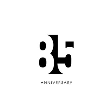 Eighty five anniversary, minimalistic logo. Eighty-fifth years, 85th jubilee, greeting card. Birthday invitation. 85 year sign. Black negative space vector illustration on white background.