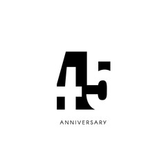Forty five anniversary, minimalistic logo. Forty-fifth years, 45th jubilee, greeting card. Birthday invitation. 45 year sign. Black negative space vector illustration on white background.