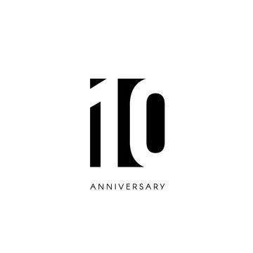 Ten anniversary, minimalistic logo. Tenth years, 10th jubilee, greeting card. Birthday invitation. 10 year sign. Black negative space vector illustration on white background.