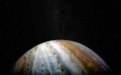 View of Jupiter, the fifth planet of the Solar System, with stars and Milky Way. Juno satellite mission . Science fiction background. Elements of this image furnished by NASA. © elroce