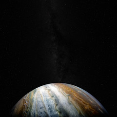 Naklejka premium View of Jupiter, the fifth planet of the Solar System, with stars and Milky Way. Juno satellite mission . Elements of this image furnished by NASA.