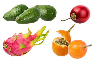 Exotic fruits collage isolated on white background with clipping path set