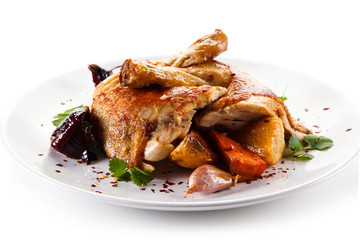 Grilled drumsticks with baked potatoes white background