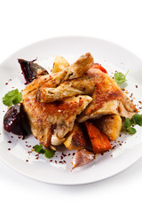 Grilled drumsticks with baked potatoes white background