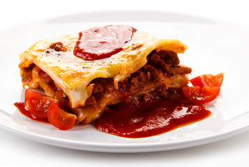 Lasagna on white background