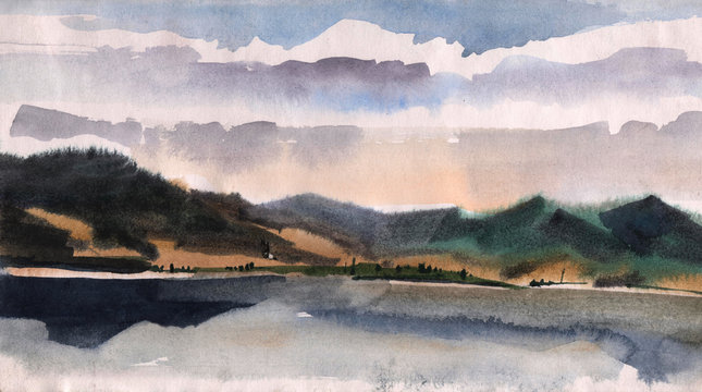 Cloudy day on the lake, summer, landscape watercolors.