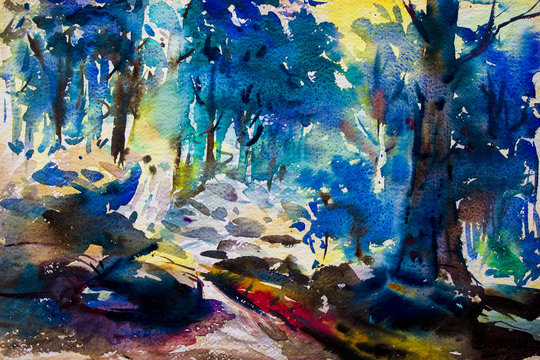 Landscape  painting colorful of trees in forest colorful autumn trees.