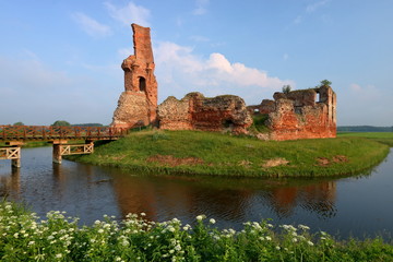 Pejzaż z malowniczymi ruinami zamku w Besiekierach, Polska, na zielonej wysepce otoczonej fosą z wodą, drewniany pomost, roślinność, pogodny letni dzień, błękitne niebo - obrazy, fototapety, plakaty