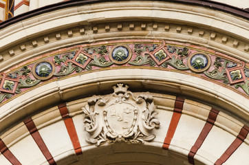 Mineral baths at Sofia, Bulgaria. Traditional architecture of the Bulgarian Revival period. Gorgeous fret work and coat of arms. 