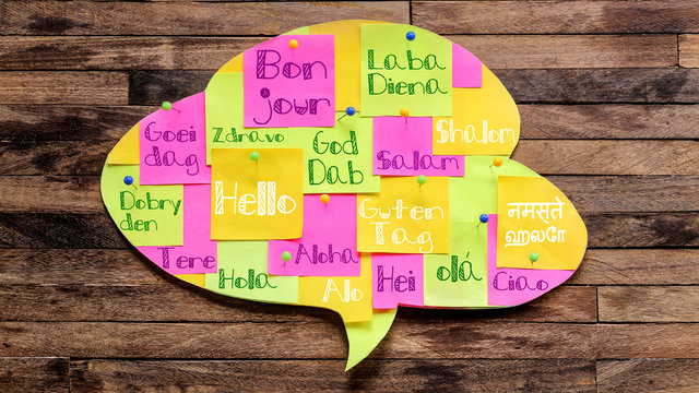 Bulle nuage de mots post-it : bonjour , hello