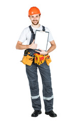 A construction man showing a clean sheet of paper to the clipboard. isolated on white background
