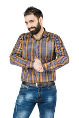 man smiling with glee, he rubs his hands isolated on white background.