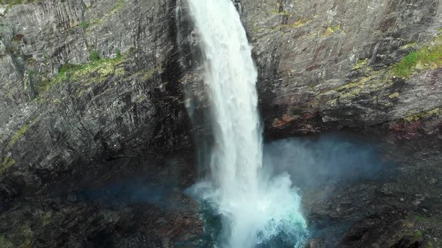 Aerial view of Manafossen waterfall. Nature of Norway. 4K