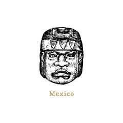Hand sketched Olmec stone head. Vector illustration of Mexican tourist attraction.Latin American travel symbol.