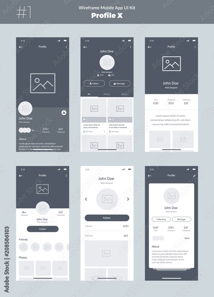 Wall mural wireframe kit for mobile phone. mobile app ui, ux design. new profile screens: home, feed, about, ph