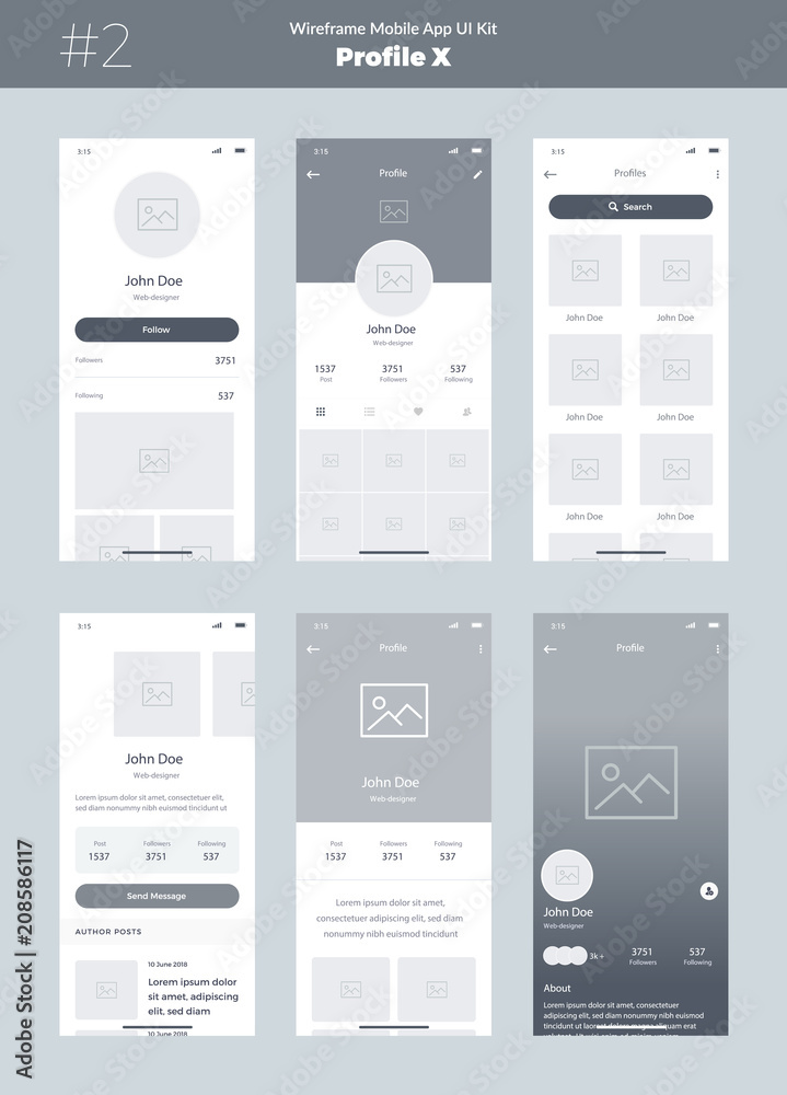 Wall mural wireframe kit for mobile phone. mobile app ui, ux design. new profile screens: home, feed, about, ph