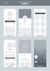 Wireframe kit for mobile phone. Mobile App UI, UX design. New profile screens: home, feed, about, photos, followers, messages, friends, profile, info, search, settings.