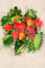 Juicy ripe strawberry on green leaves. Acrylic ink