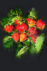 Juicy ripe strawberry on green leaves. Acrylic ink