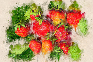 Juicy ripe strawberry on green leaves. Acrylic ink