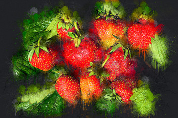 Juicy ripe strawberry on green leaves. Acrylic ink