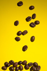 coffee beans on color background with hard light pop art style