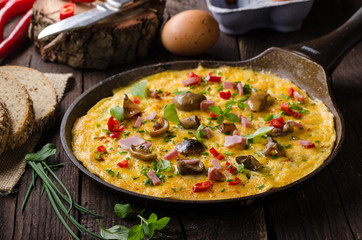 Fresh omelette, pickles mushrooms and chilli