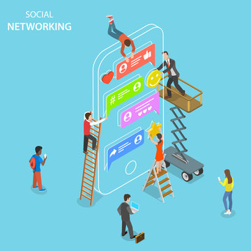 Flat isometric vector concept of social media, networking, chatting.