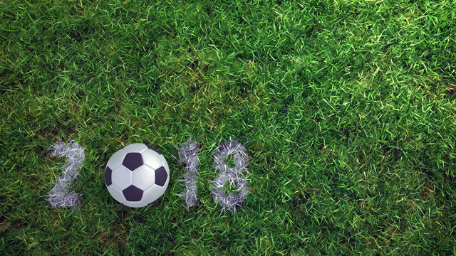 2018 3d soccer ball on grass football field