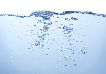 clean blue water surface with air bubbles on white background
