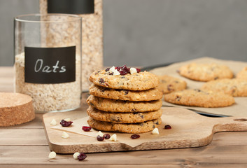 Home Baked Oatmeal Cookies With White Chocolate And Cranberries.