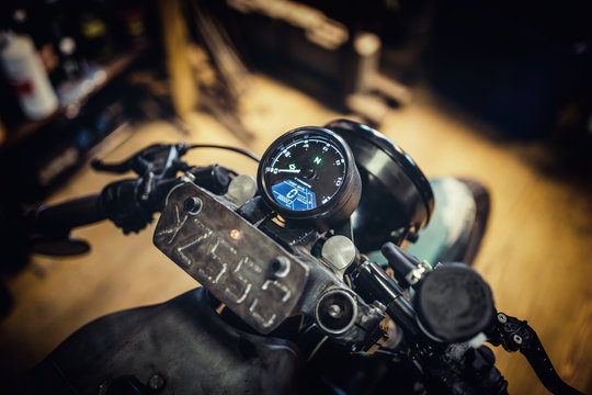 Close up details of speedometer of custom made motocycle.