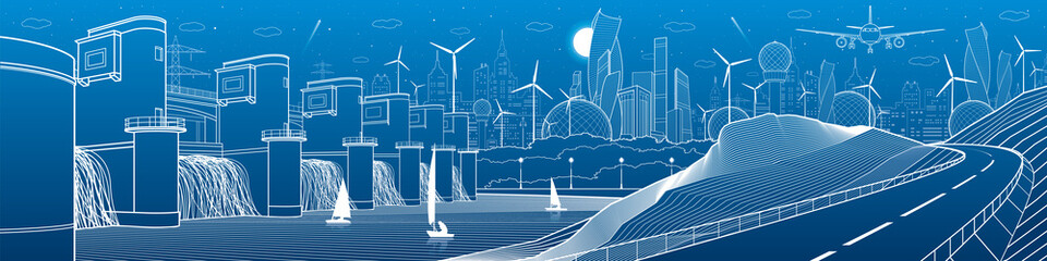 City infrastructure industrial and energy illustration panorama. Hydro power plant. River Dam. Automobile road in mountains. White lines on blue background. Vector design art
