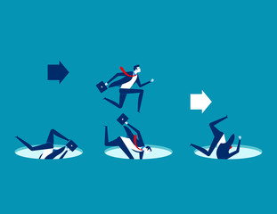 Fototapeta premium Leader avoiding pitfalls. Concept business vector business illustration. Flat character design, Trapped, Leadership, Cartoon business style.