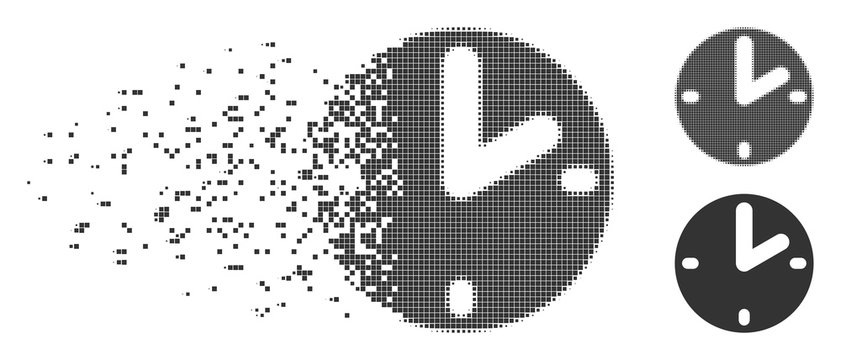 Gray vector clock icon in dissolved, dotted halftone and undamaged solid versions. Disappearing effect involves square dots. Points are composed into dispersed clock shape.