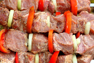 Pieces of marinated raw pork meat strung on skewers with slices of chopped tomatoes and onion prepared for cooking on barbecue. Raw meat