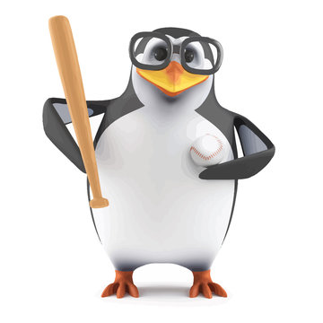 Vector 3d Academic penguin plays baseball