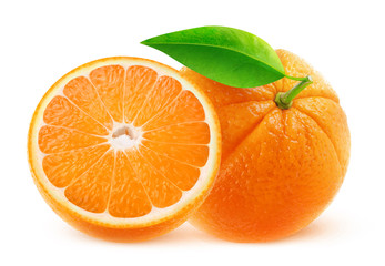 Isolated fruits. One and half oranges isolated on white background with clipping path