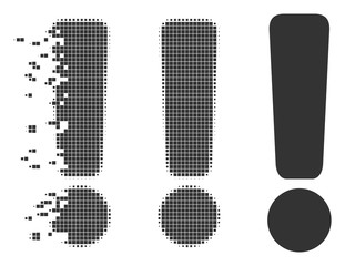 Grey vector exclamation sign icon in dispersed, pixelated halftone and undamaged entire variants. Disappearing effect involves square dots.