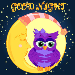 Good night. Card with cute sleeping owl. Vector illustration.