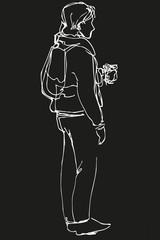  sketch of a young man standing and drinking coffee