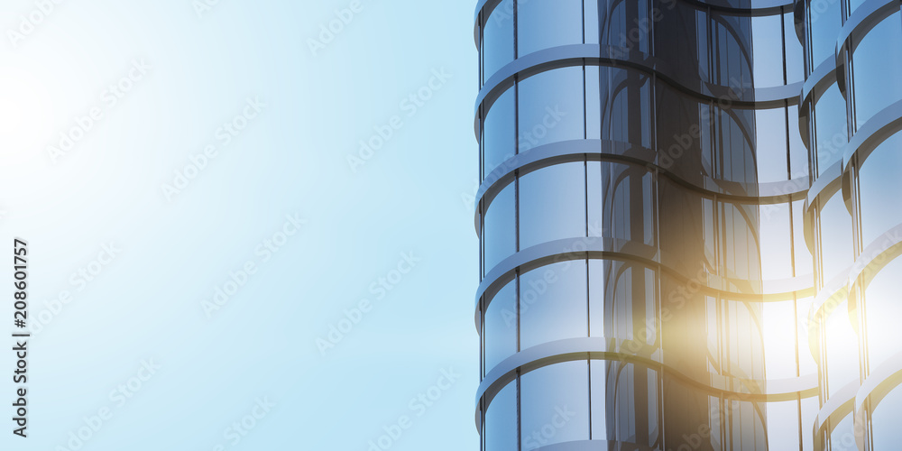Poster 3d stimulate of high rise curve glass building and dark steel window system on blue clear sky backgr