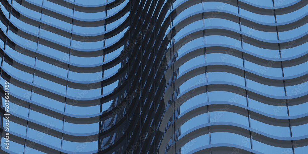 Poster 3d stimulate of high rise curve glass building and dark steel window system on blue clear sky backgr