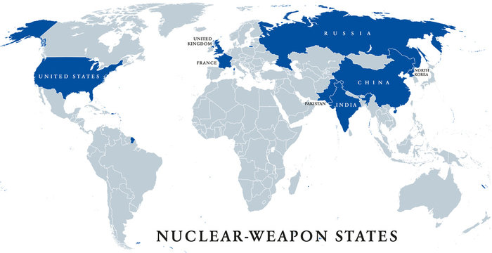 Nuclear-weapon states, political map. Eight sovereign states that have successfully detonated nuclear weapons, shown in blue color. English labeling. Illustration on white background. Vector.