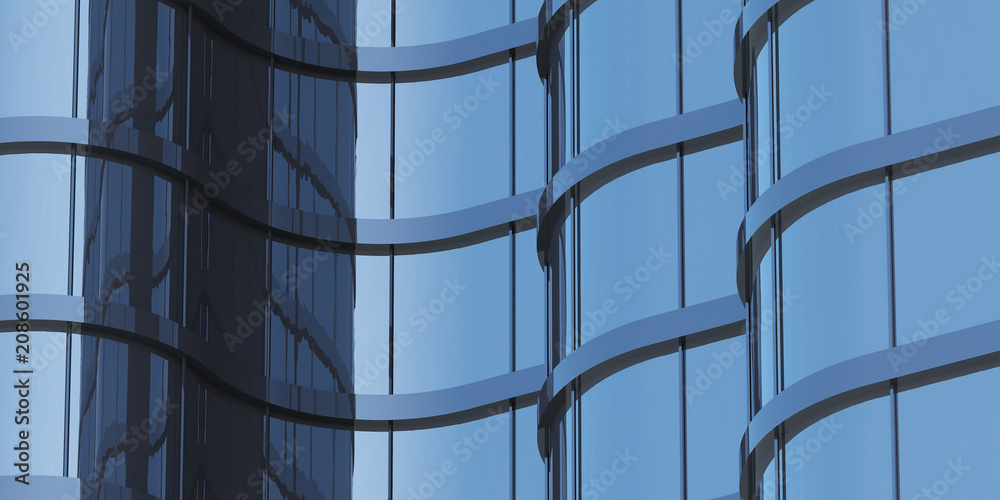 Poster 3d stimulate of high rise curve glass building and dark steel window system on blue clear sky backgr